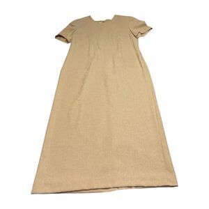 Leslie Fay A-Line Dress Women's 10 Petite Beige Short Sleeve Back Slit Classic
